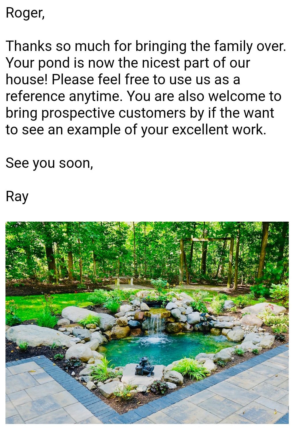 5 star customer review on his new water garden